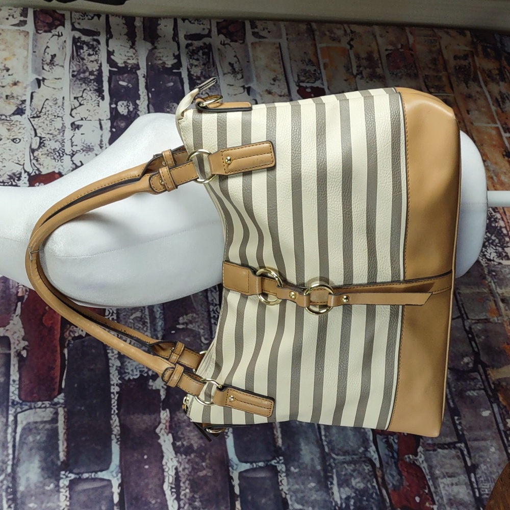 Stripe Faux Leather Convertible Satchel/Shoulder Bag
